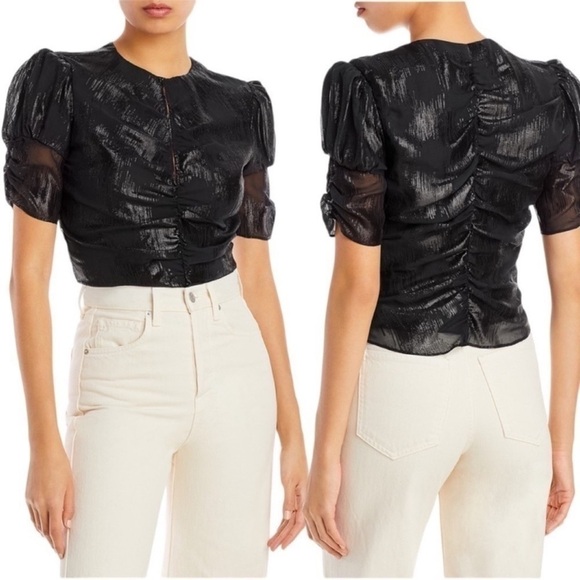 FRAME DENIM Ruched Metallic Jacquard Ruched Puff Short Sleeve Keyhole Blouse Top - Picture 4 of 11